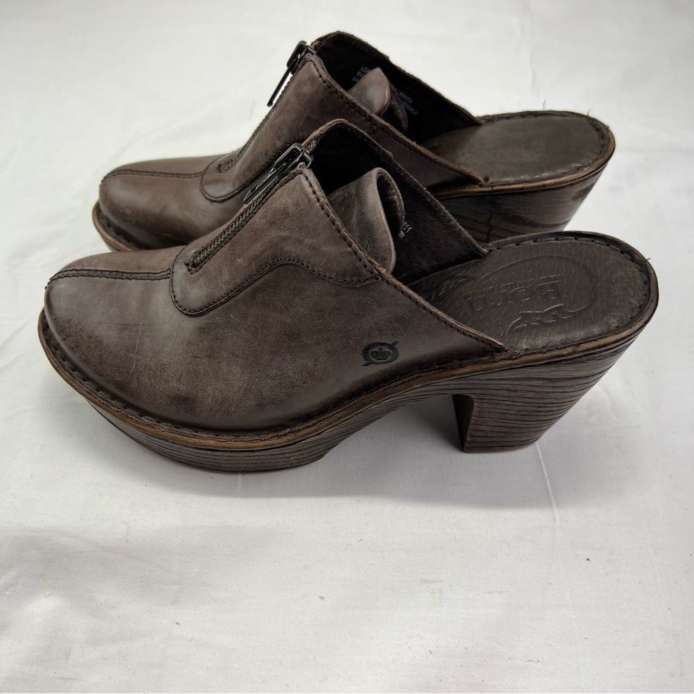 Born Haledon Pewter Brown Leather Mule Clog Shoe Woodgrain W82529 US 8 Med EU 39